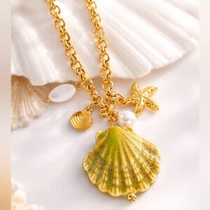 Seashell Charm Necklace with Starfish – Gold Tone Ocean Pendant
